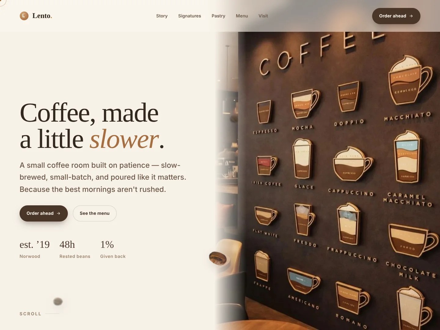 Top-down pour-over coffee in a cream cup, surrounded by coffee beans