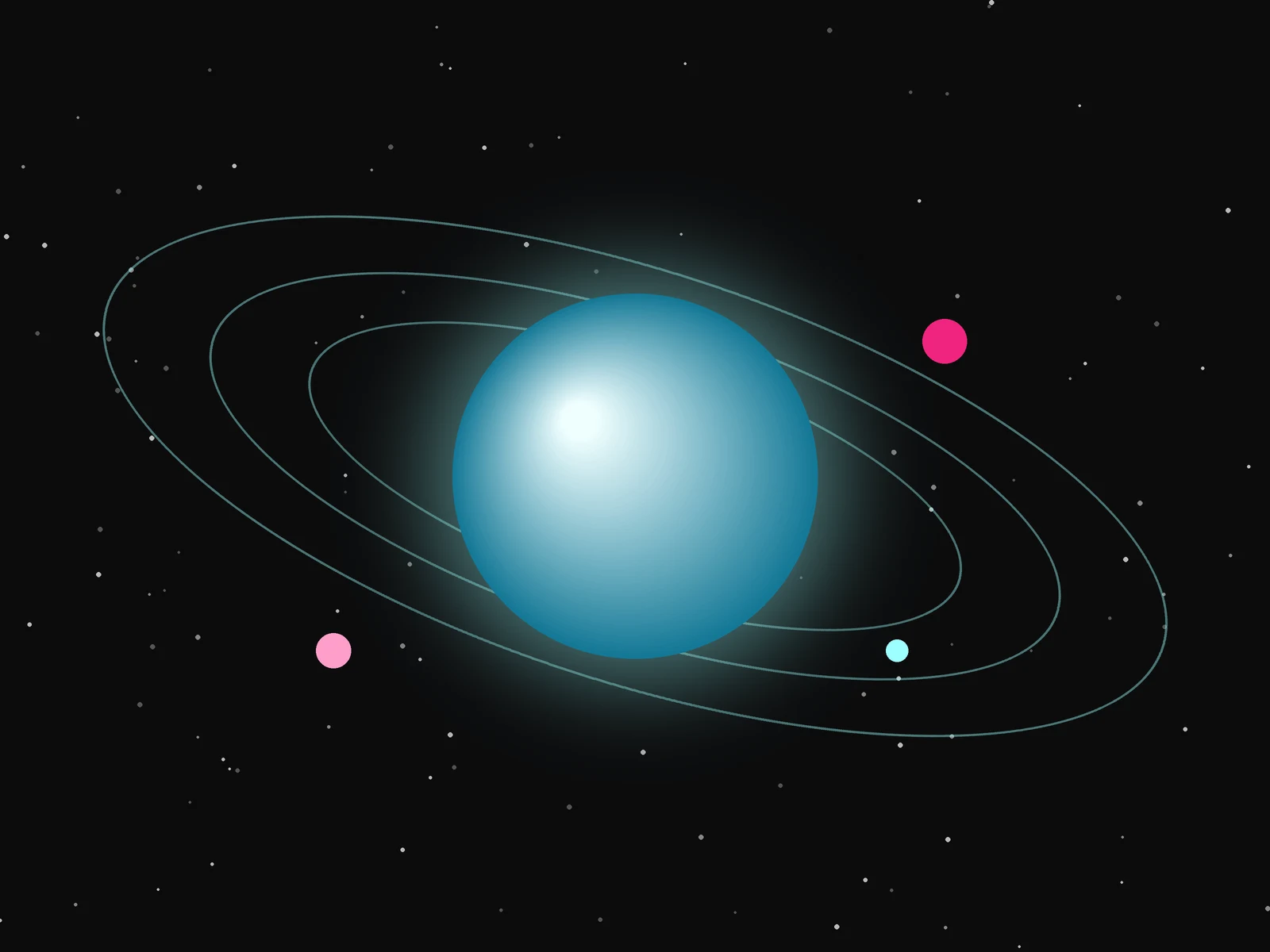 A glowing cyan planet with orbit rings against a dark starfield
